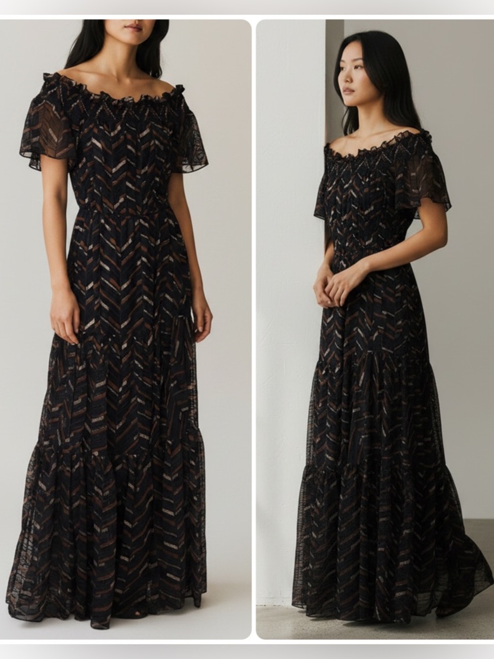Ramy Brook Charity Navy Chevron Off-Shoulder Tiered Maxi Gown Dress NWT $545